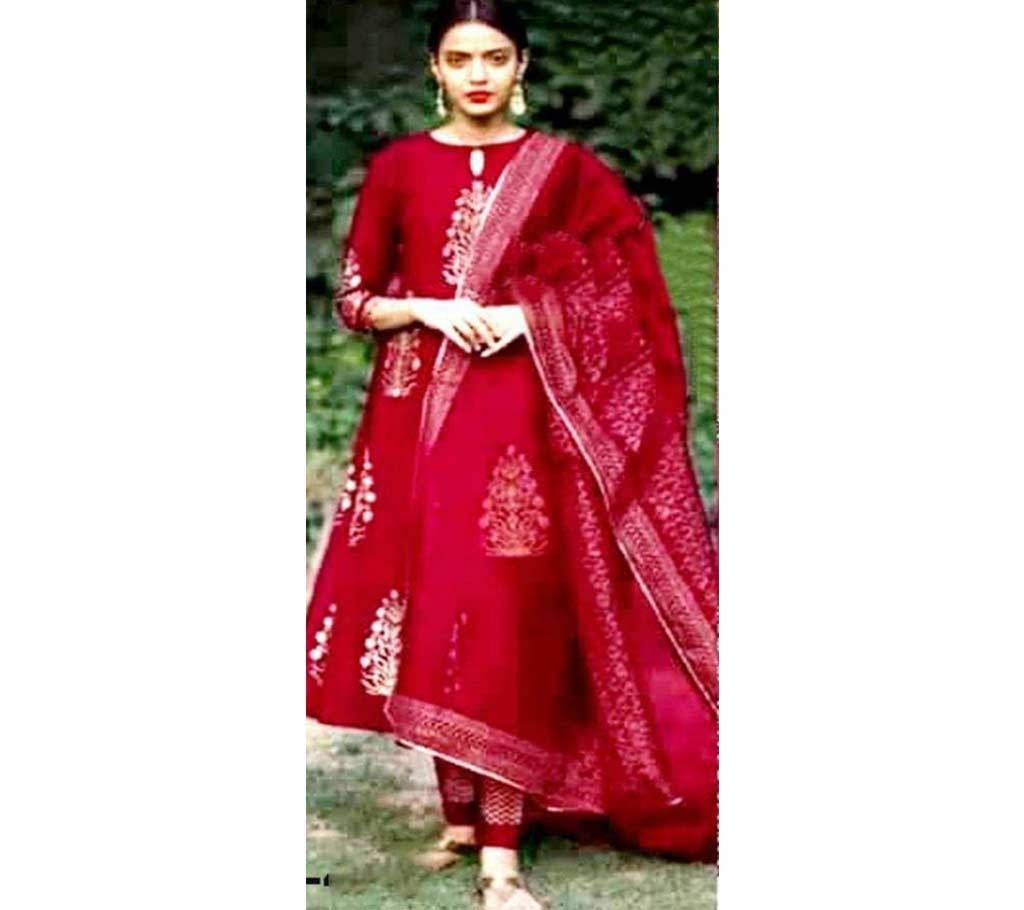 Unstitched Maroon Cotton Printed Shalwar Kameez For Women