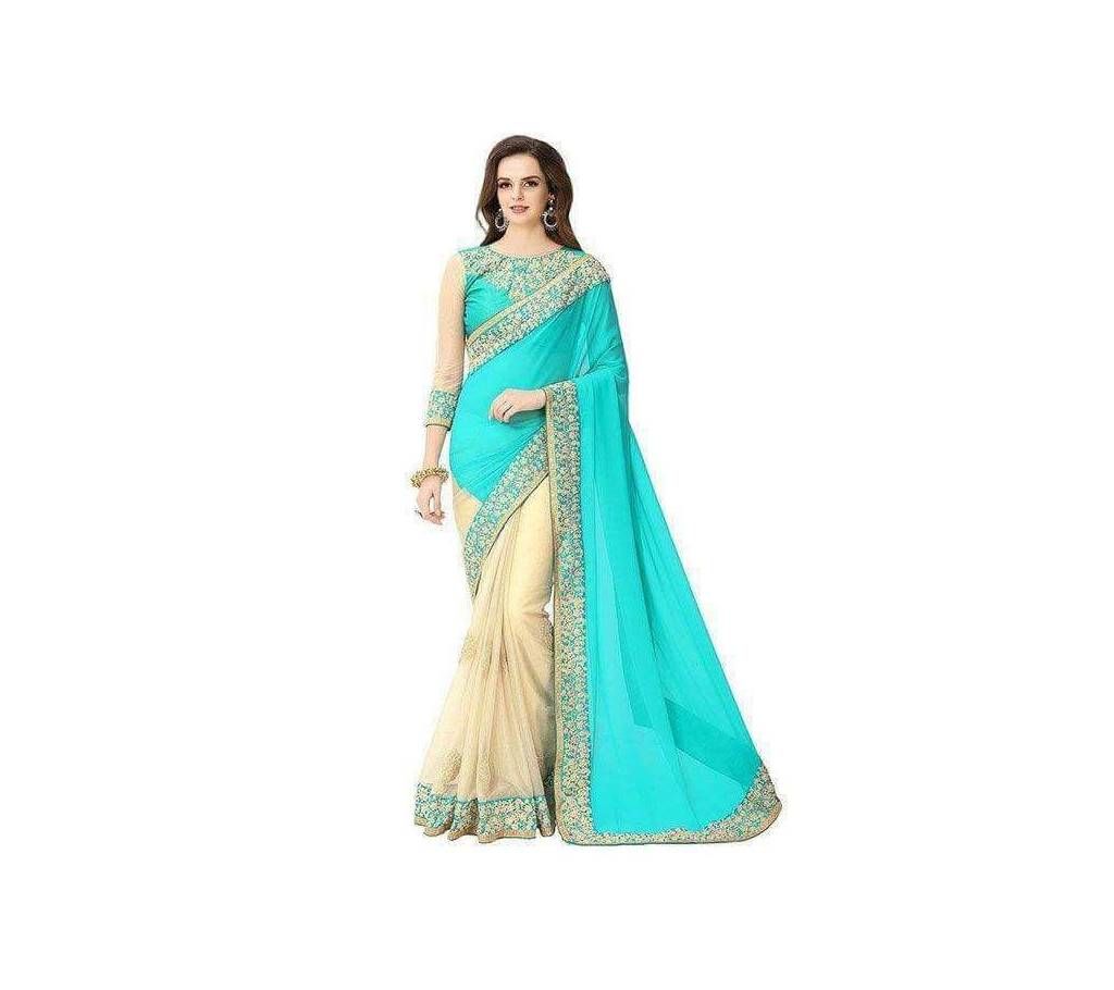 INDIAN SKY BLUE & CREAM GEORGETTE SAREE FOR WOMEN