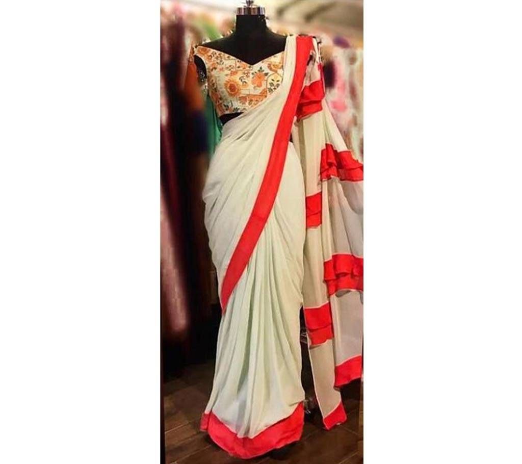 Short Pallu Ruffle Off White with Red Paar Saree 