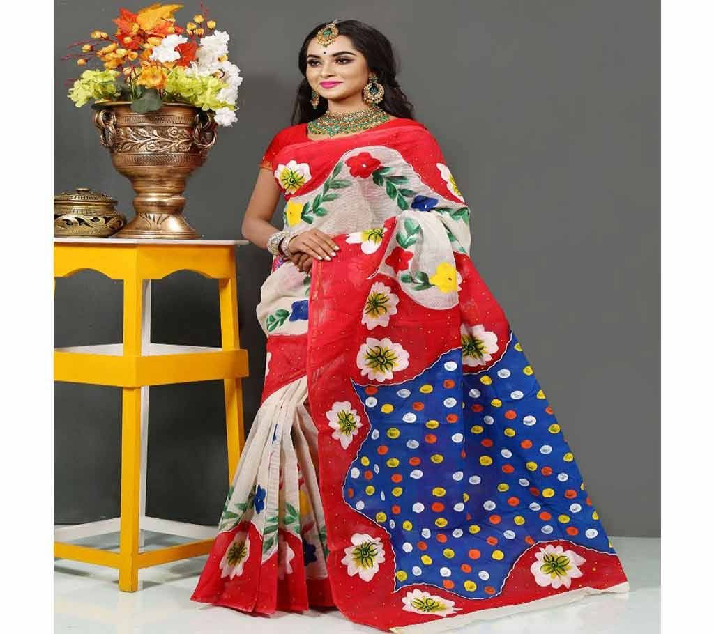 Pure Deshi Beautiful Sharee - 150 - Off White and Red Part with Blue Colorful Ball Design in Paar (SU604)