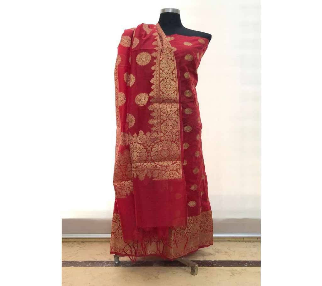 Unstitched Indian Benaroshi Katan 2 PC - Red With Round Design