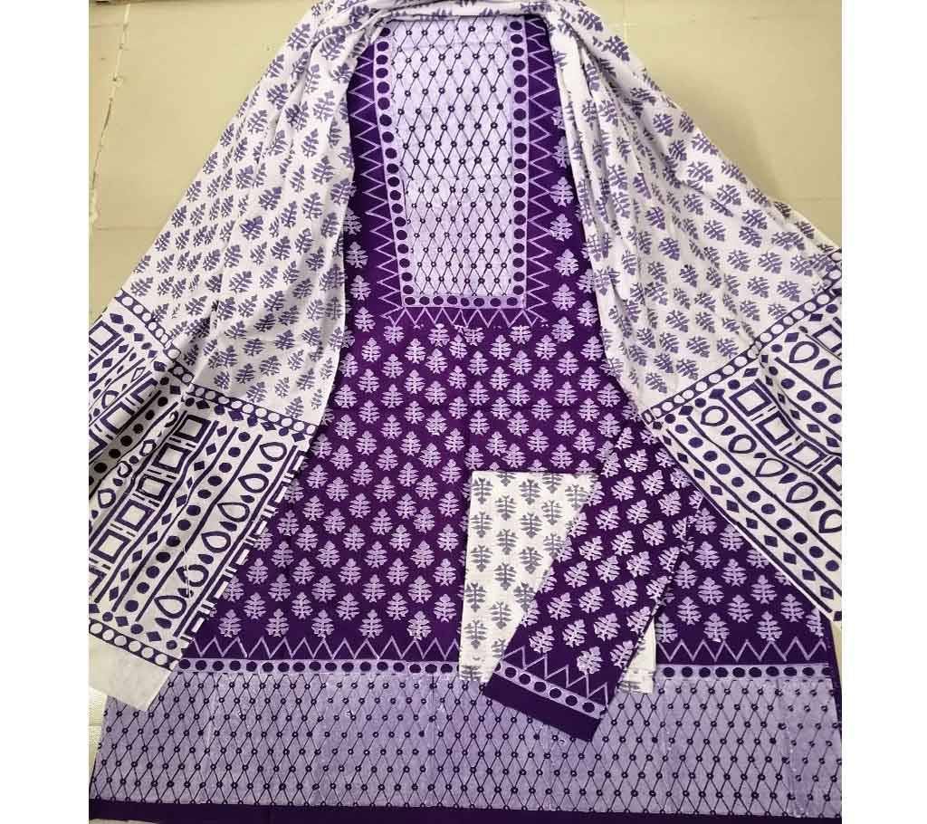 Unstitched Deshi Cotton 3Pcs with Cotton Orna - 36 - Olive Purple with Whole Body Design
