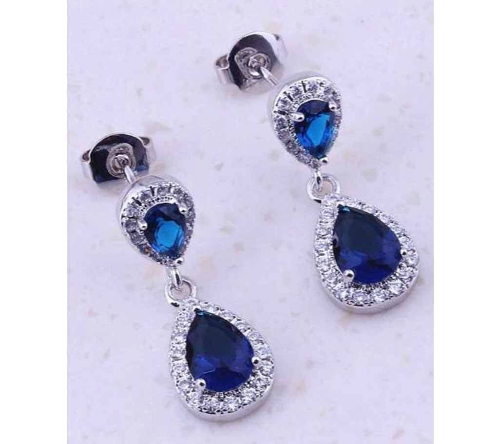 Blue Crystal & Cubic Zircon Silver Drop Dangle Earrings For Women