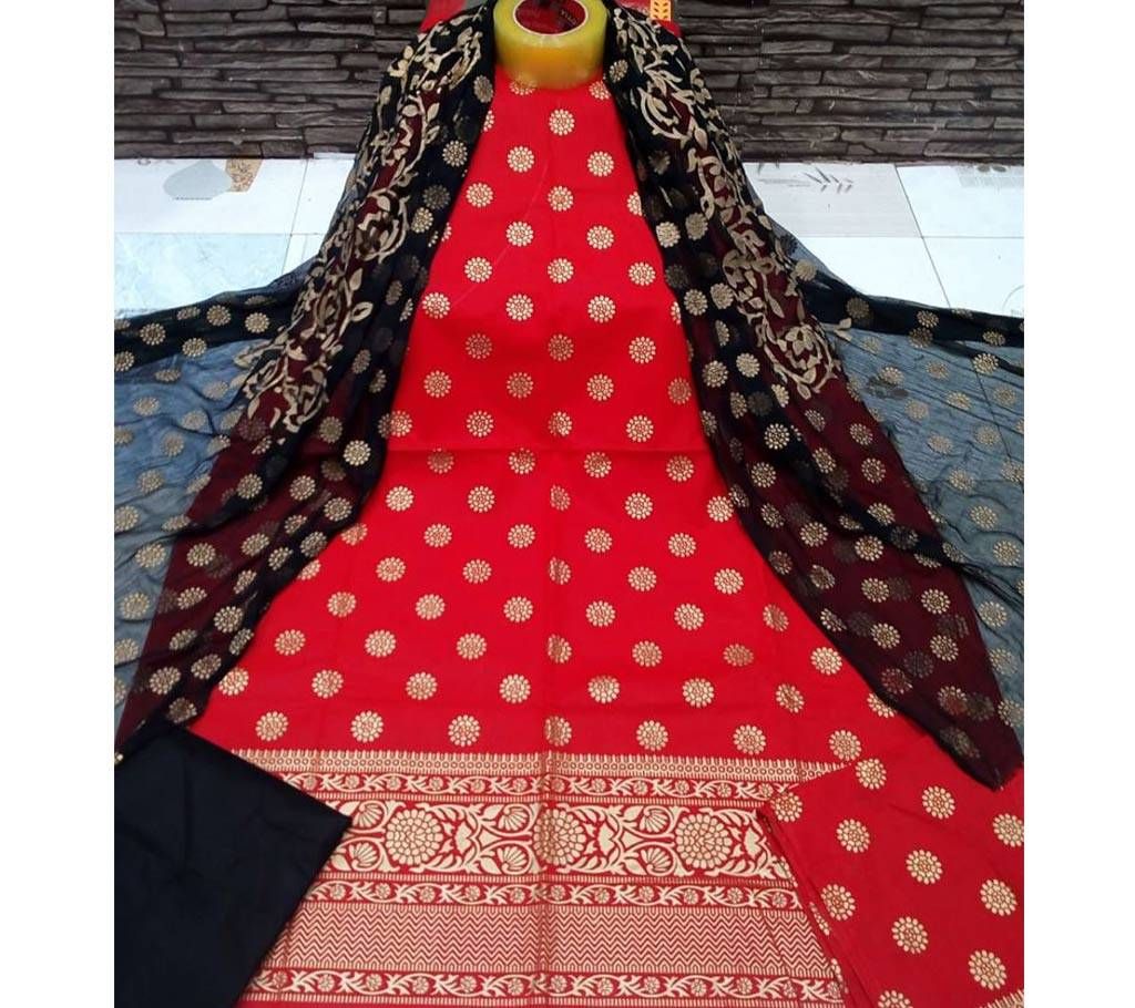 Unstitched Red and Black Cotton screen Printed Salwar Kameez for Women