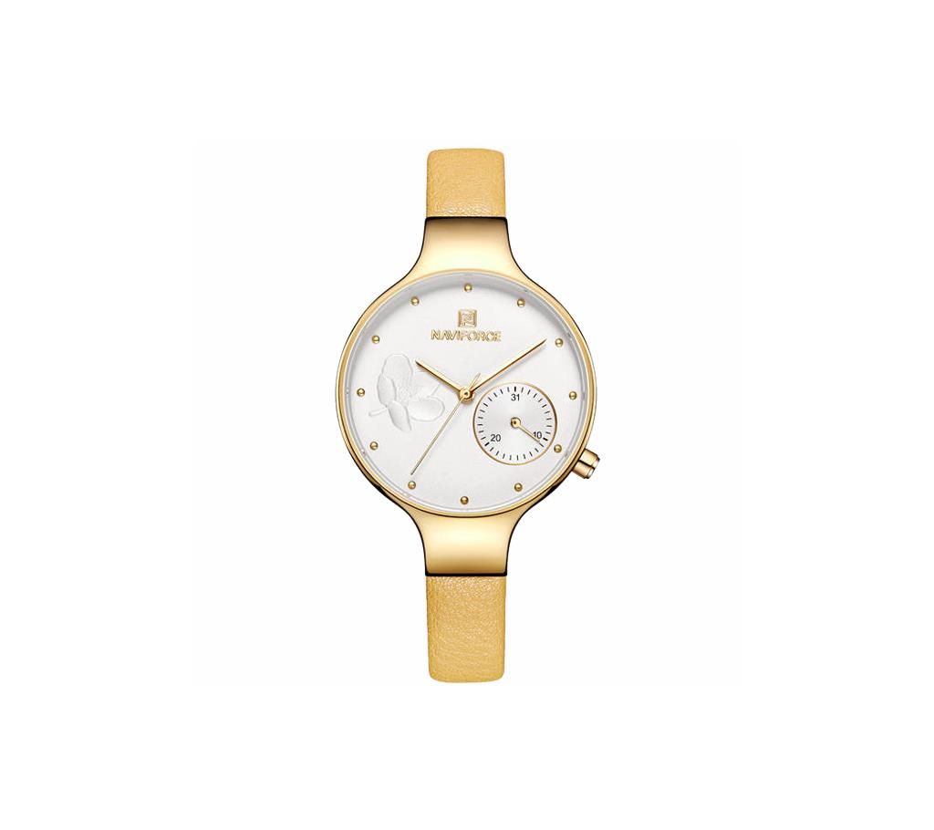 NAVIFORCE NF5001 Yellow PU Leather Sub-Dial Chronograph Watch For Women - Yellow & Golden