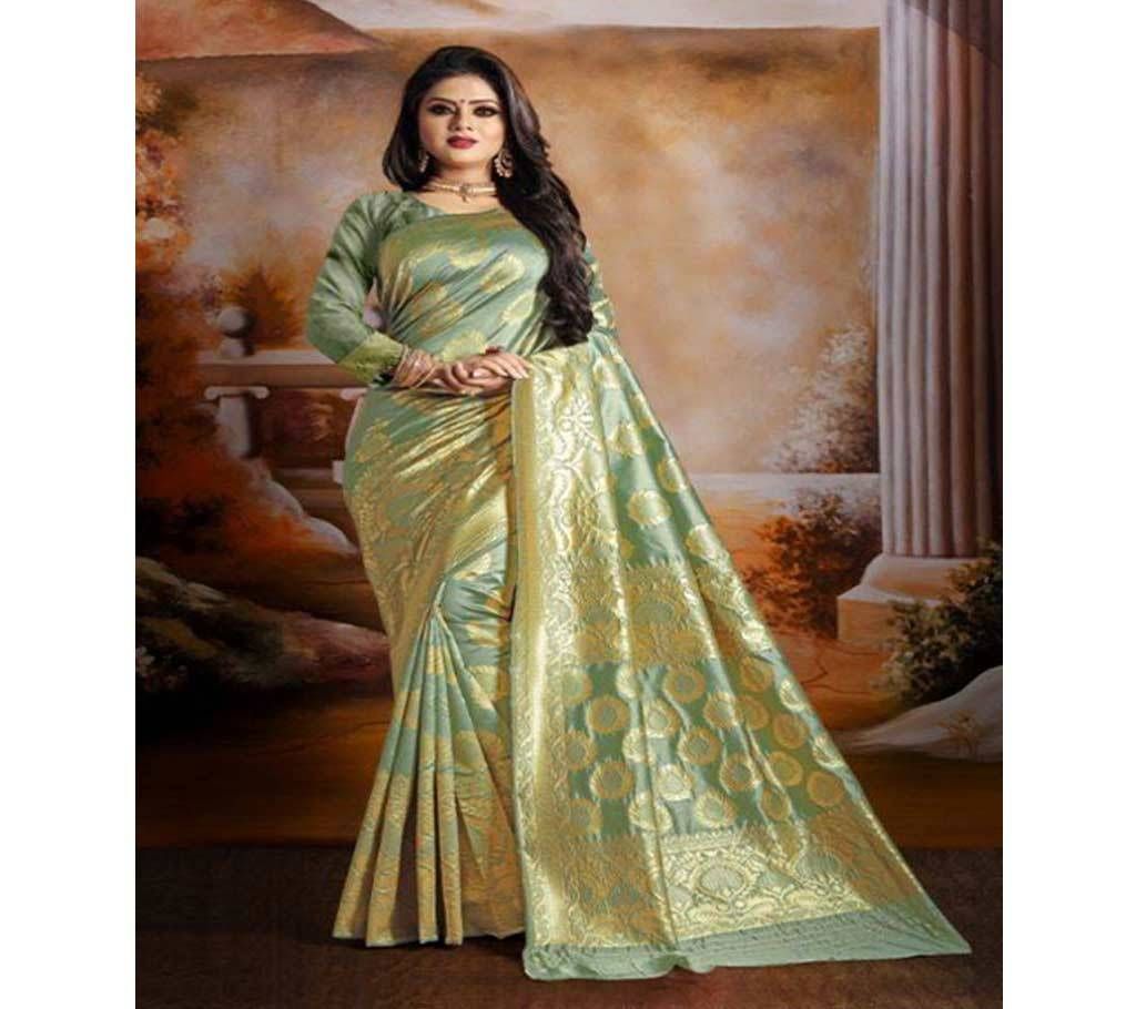 Dark Sea Green and Golden Embroidery Work Katan Saree For Women