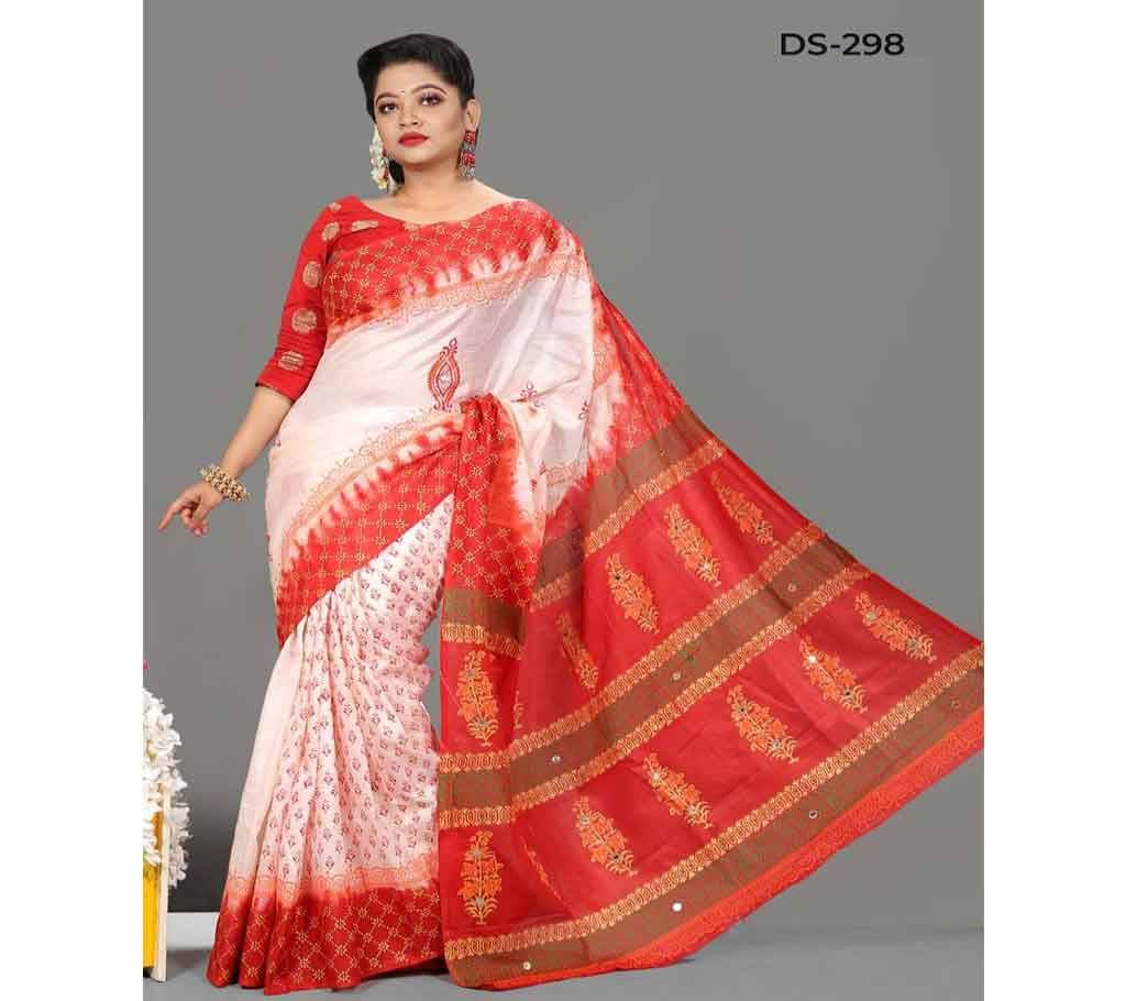 Chinon Batic & Butics Saree With Blouse Piece-White