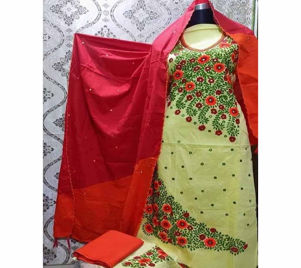 Unstitched Fulkari Hand Work  Shalwar Kameez/Three Piece for Women-2
