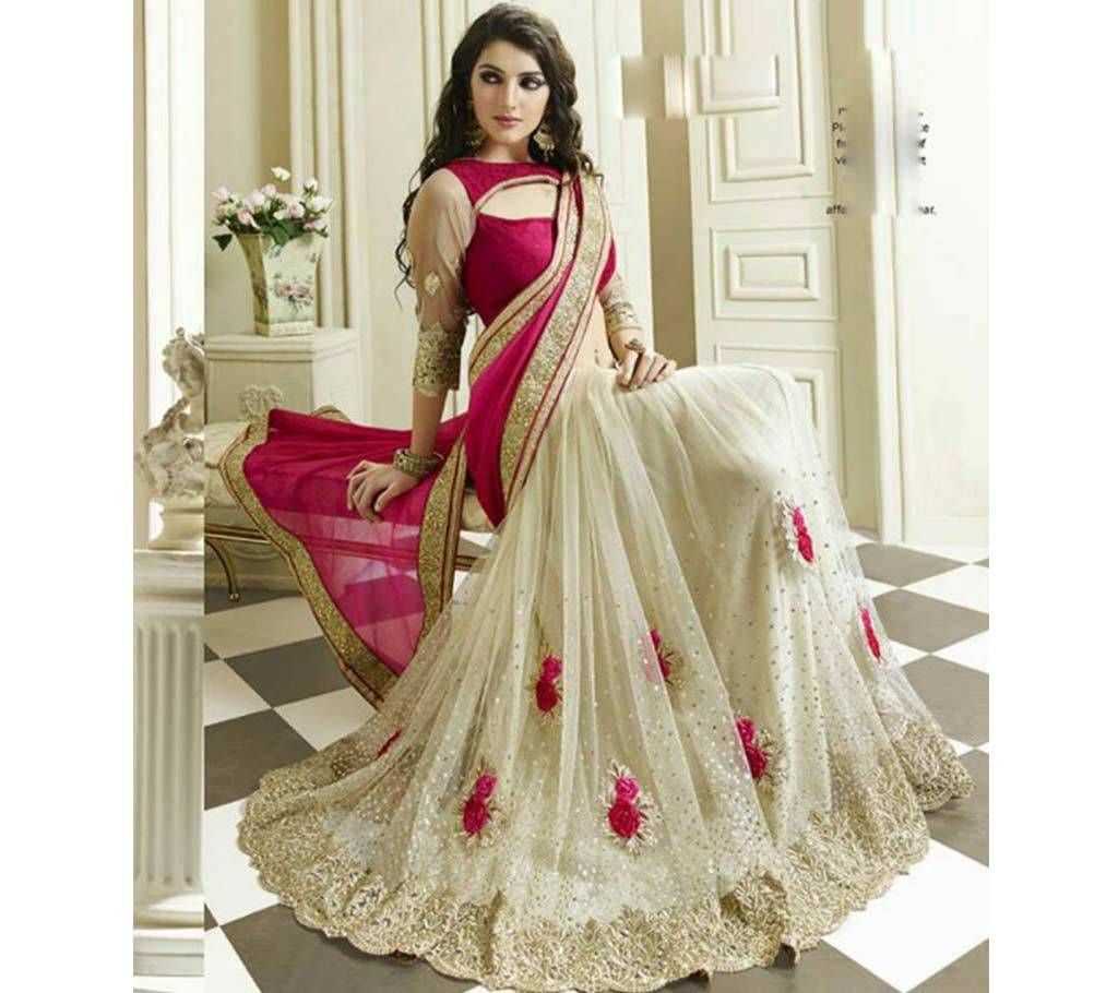 INDIAN WHITE & PINK GEORGETTE SAREE FOR WOMEN