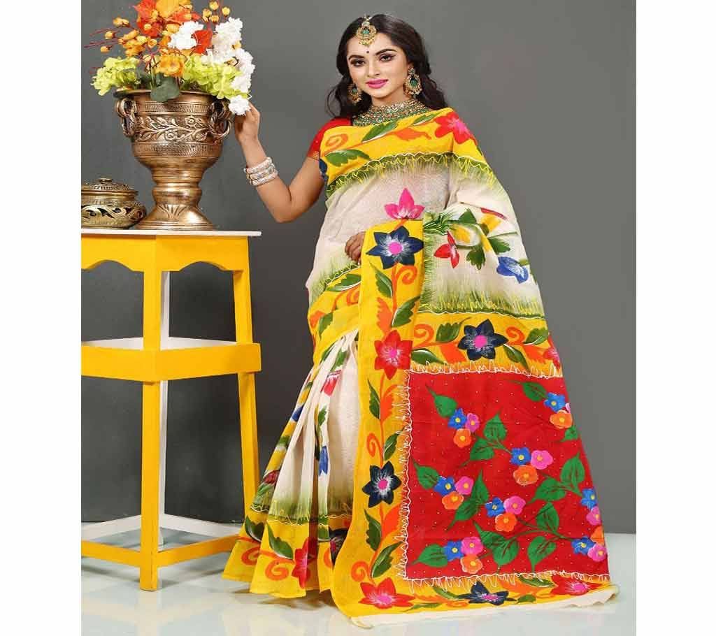 Pure Deshi Beautiful Sharee - 155 - Off White with Golden Orange Paar and Red Maroon Folwer Design in Anchol code(SU610)