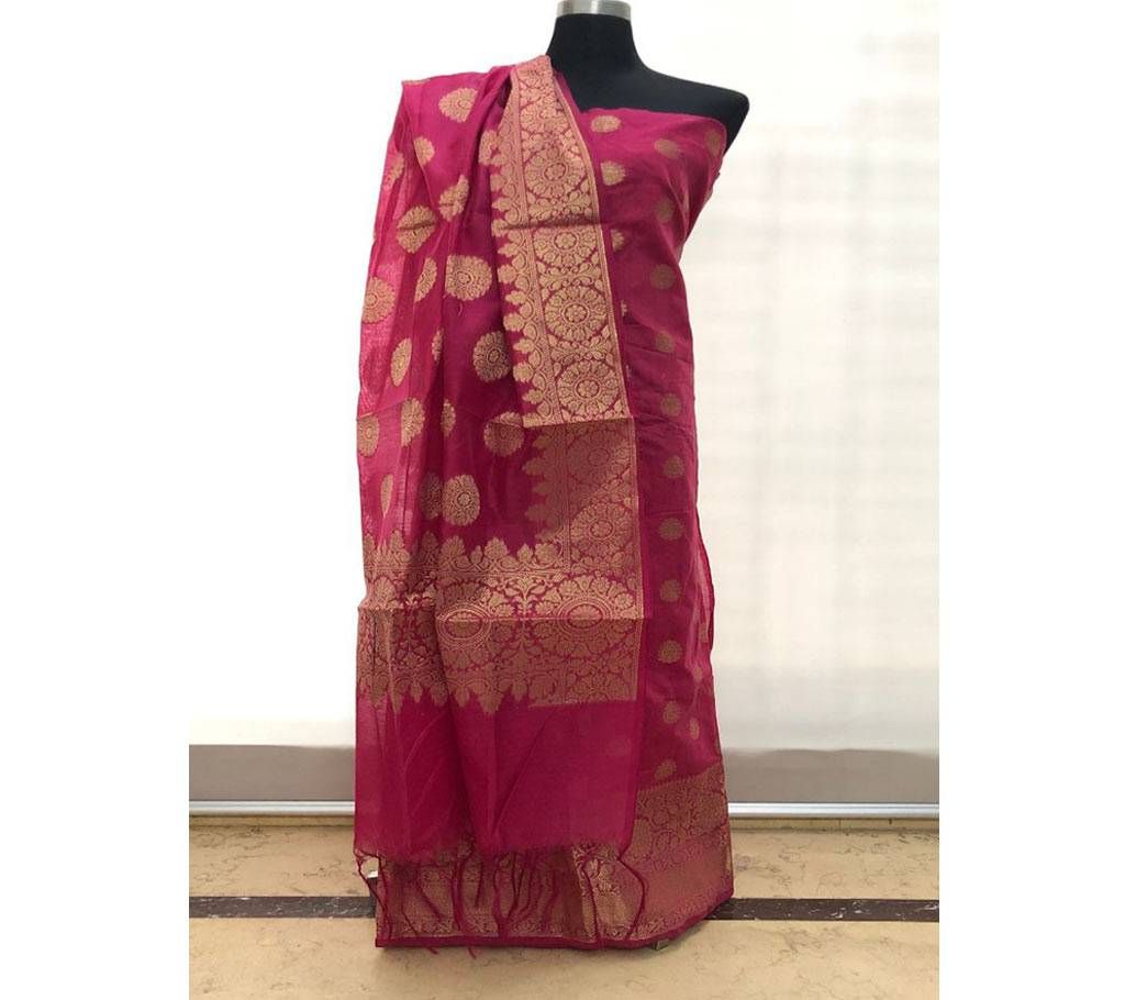 Unstitched Indian Benaroshi Katan 2 PC - Ruby Pink With Round Design
