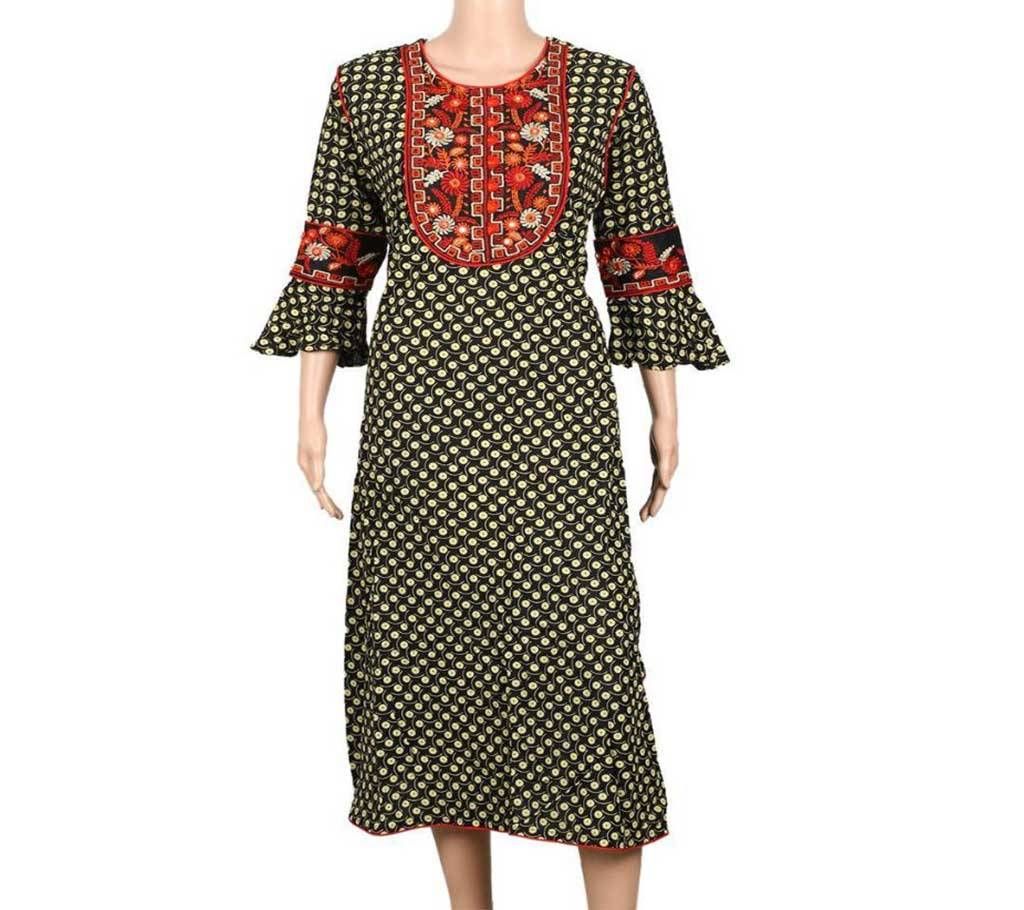 Black and Yellow Cotton Kurti (One Pcs) For Women