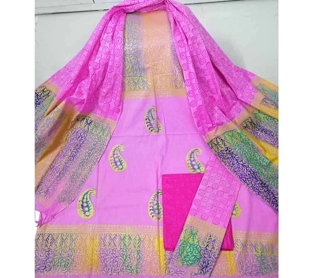 Unstitched Deshi Cotton 3Pcs with Cotton Orna - 32 - Light Magenta with Whole Body Design