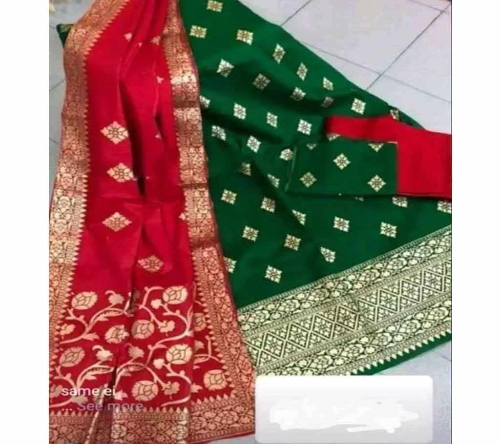 Unstitched Red and Green Cotton screen Printed Salwar Kameez