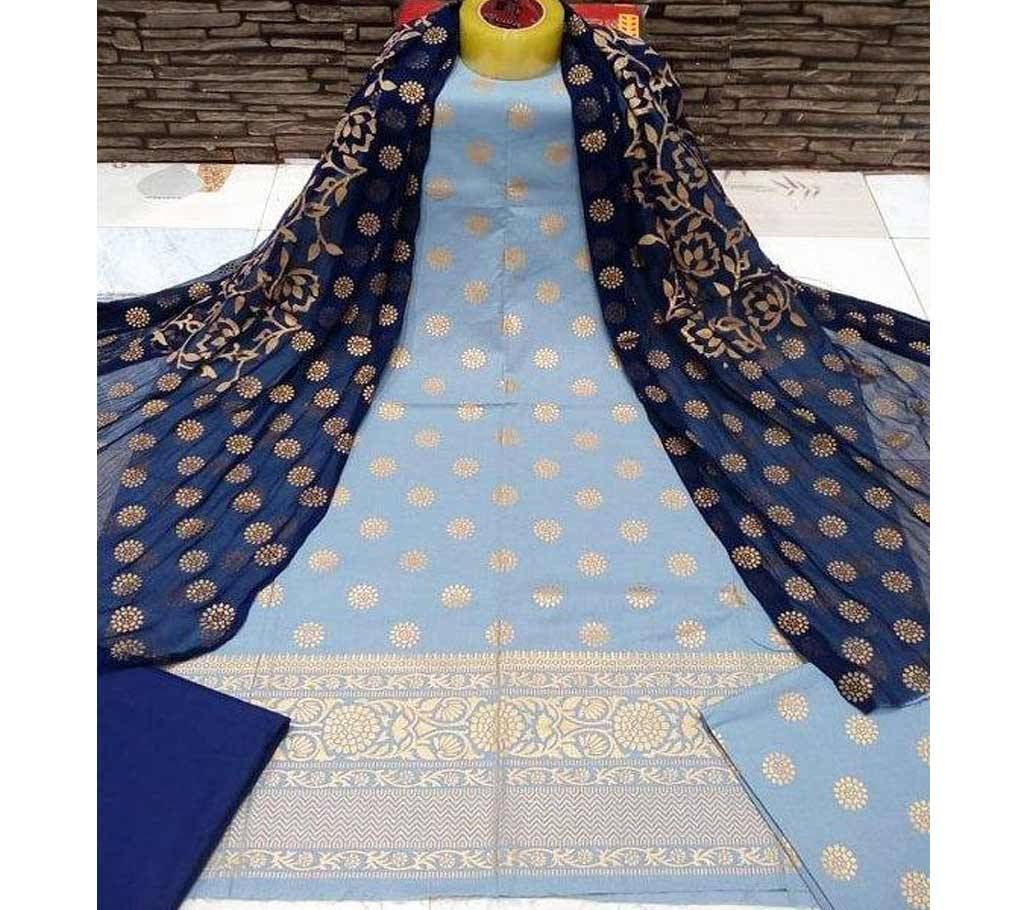 Unstitched Sky and Blue Cotton Salwar Kameez for Women