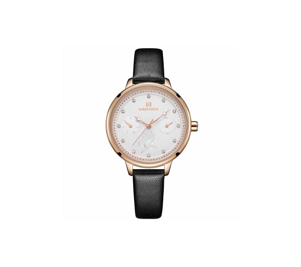 NAVIFORCE NF5003 Black PU Leather Sub-Dials Chronograph Watch For Women - Black & RoseGold