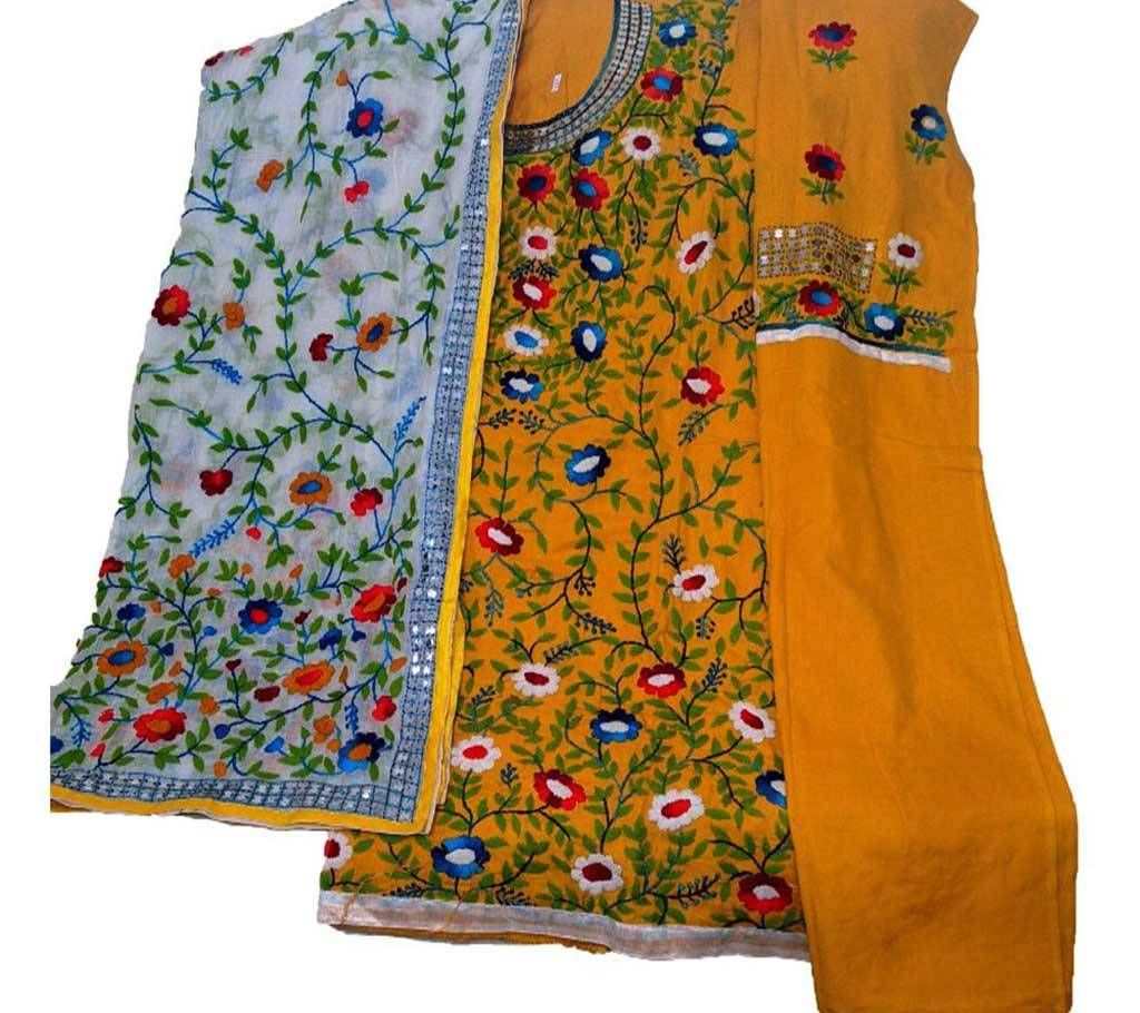 Unstitched Yellow Cotton Phulkari Handset Dollar Work-3 Piece