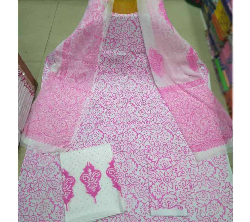Block Printed Unstitched Cotton Three Piece - Pink White 