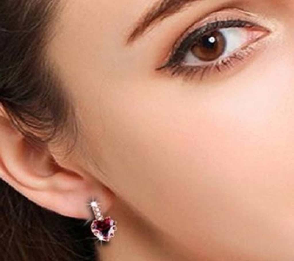 Red Heart Stones Rose Color Stud Earing