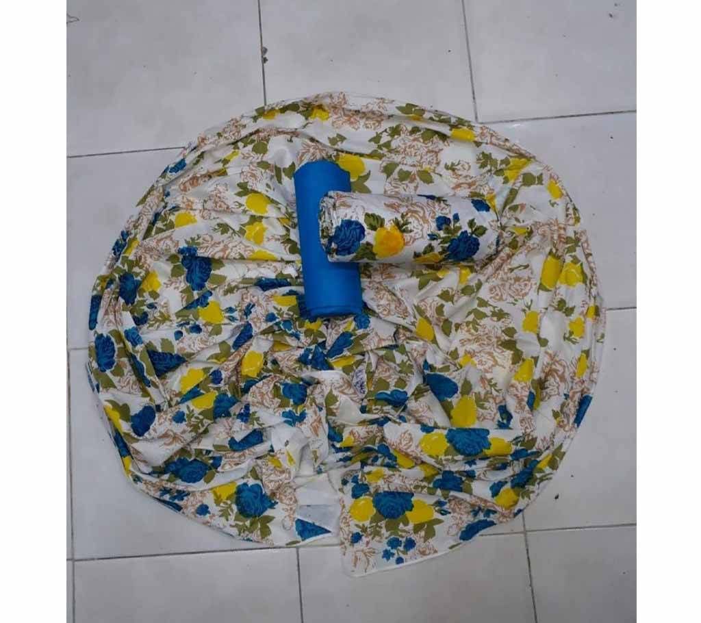 Joypuri Cotton Screen Print - White Color With Blue And Yellow Color Flower With Leaf Design