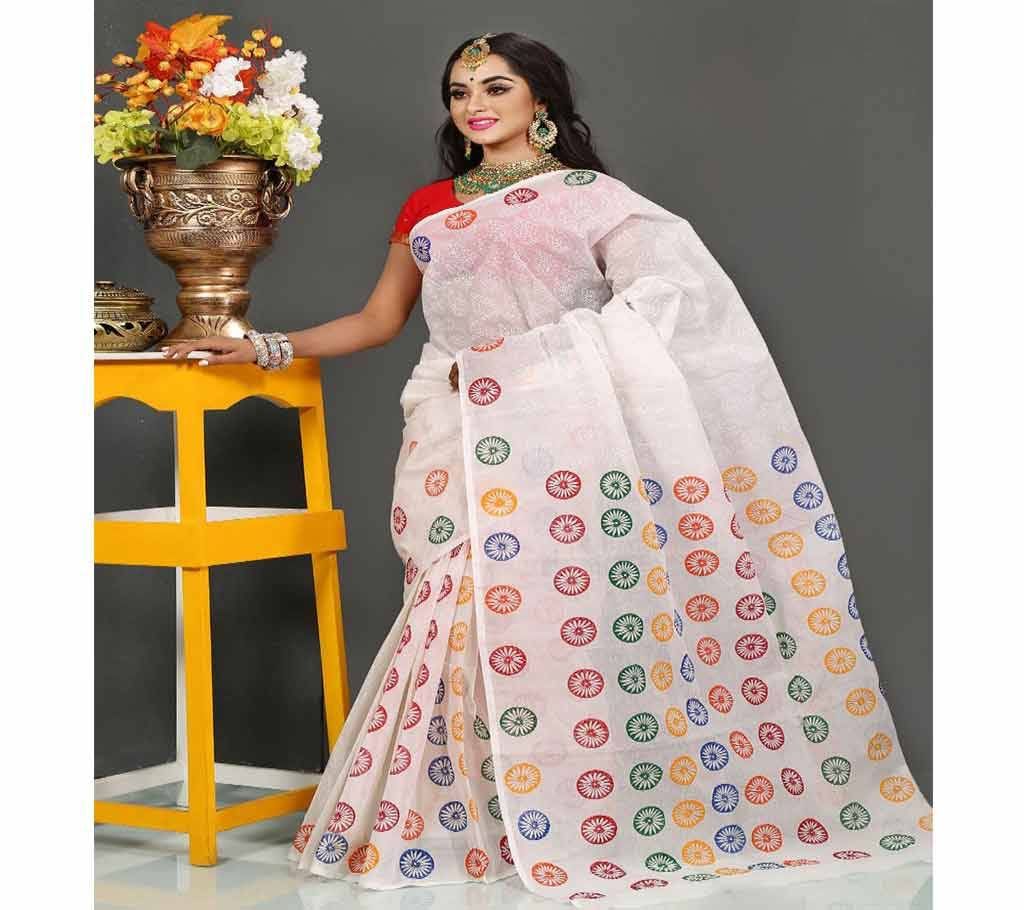 Pure Deshi Beautiful Sharee - 156 - Off White with Green, Golden, Navy Blue, Orange Ball Design 