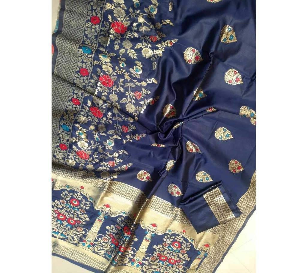 Banaras silk Saree with blouse pice 2 Deep Navy Blue with Gold Mix color paar