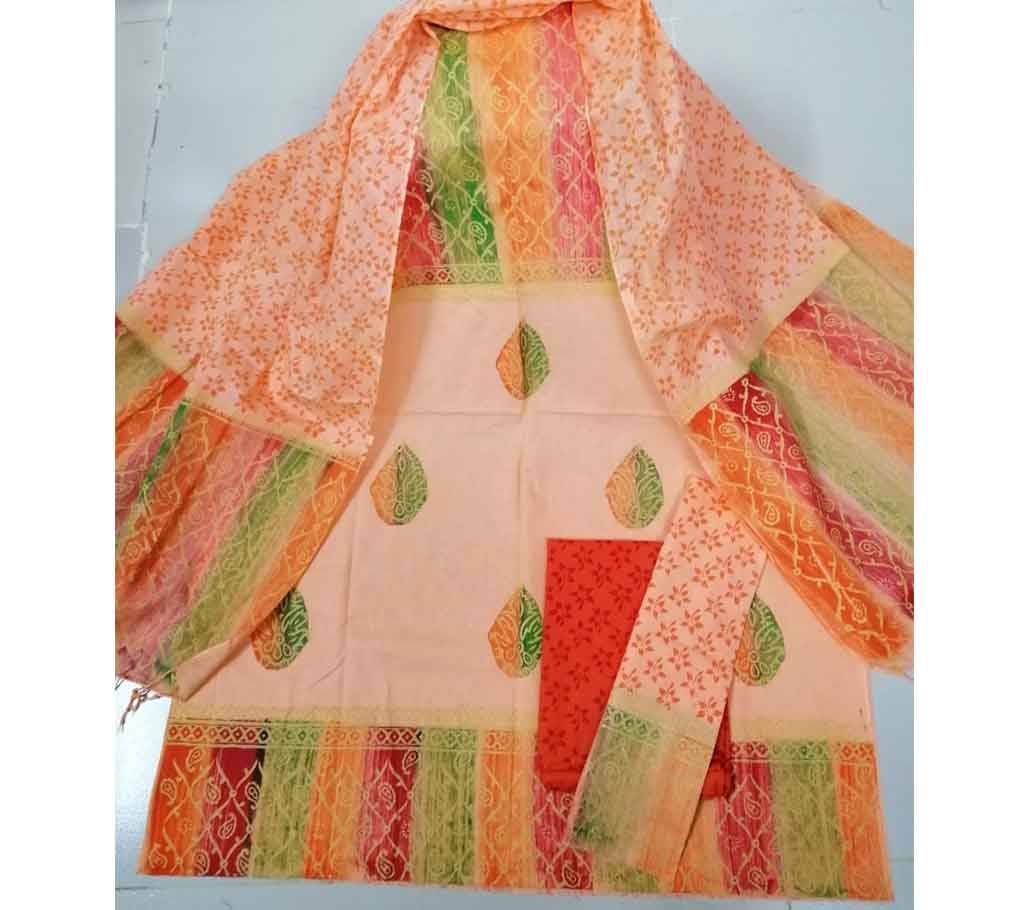Unstitched Deshi Cotton 3Pcs with Cotton Orna - 31 - Light Salmon with Design in Body