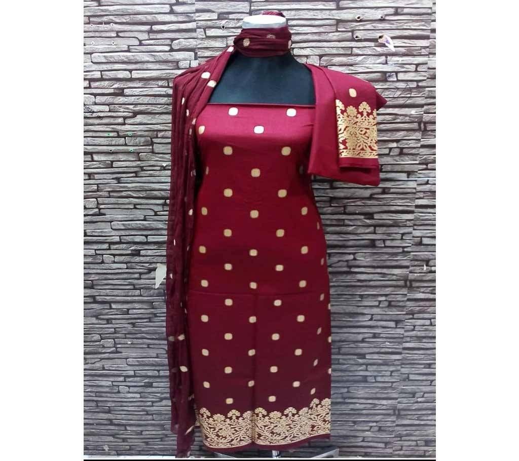Unstitched Maroon Cotton Hand Printed Salwar Kameez for Women