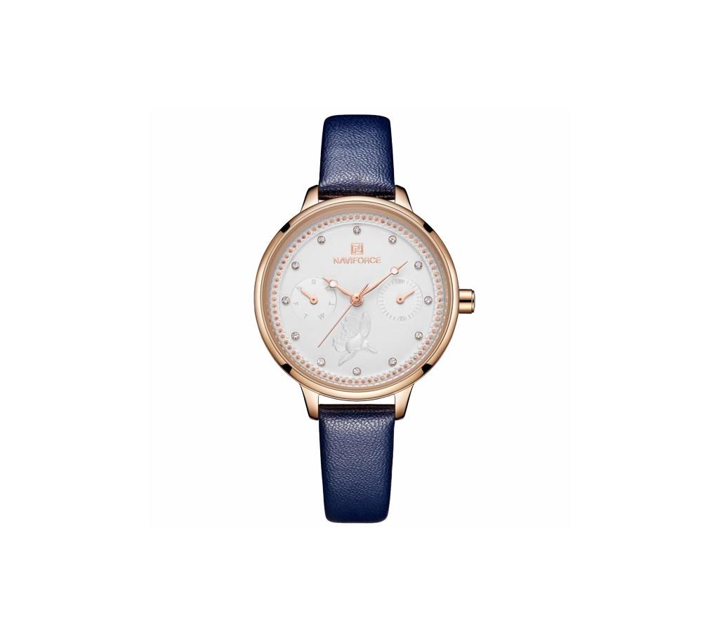 NAVIFORCE NF5003 Navy Blue PU Leather Sub-Dials Chronograph Watch For Women - Navy Blue & RoseGold