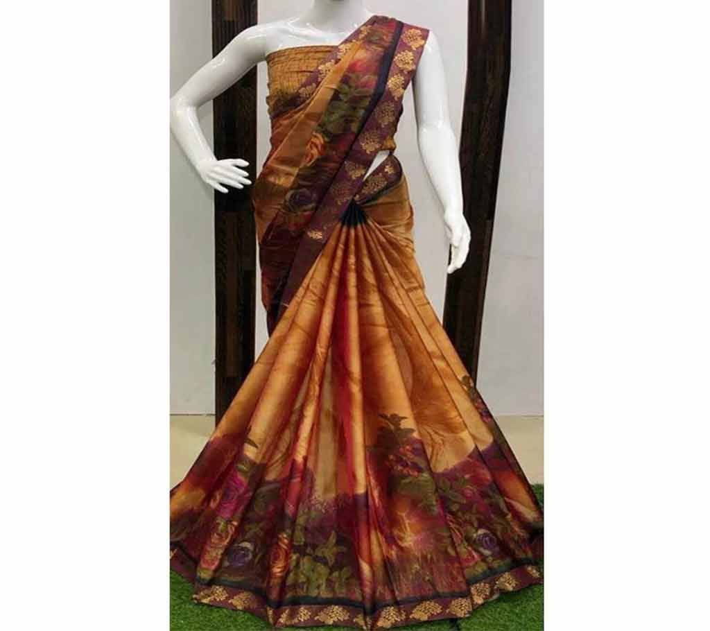 Pedding Printed Saree with Banarasi Border & Running Blouse Piece- 04 Bronze Color
