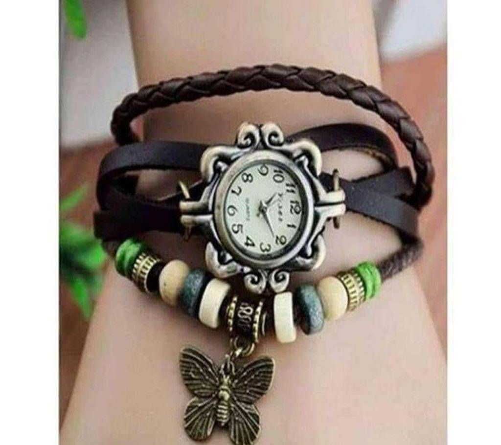 Leather Bracelet And Leaf Pendant Watch  Chocolate