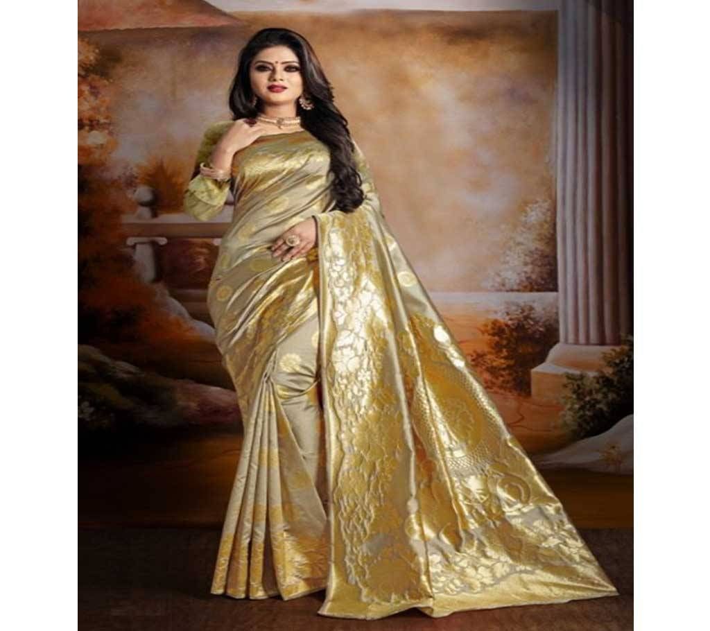 Peanut and Golden Embroidery Work Katan Saree For Women