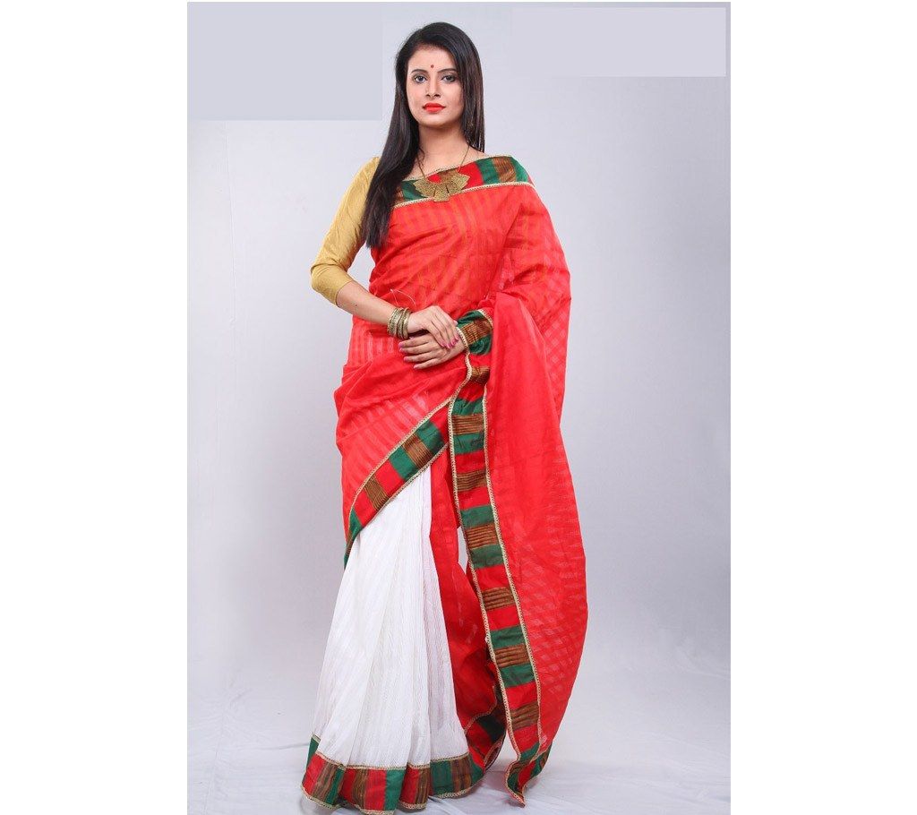 Red & White Hand Loom Cotton Sharee