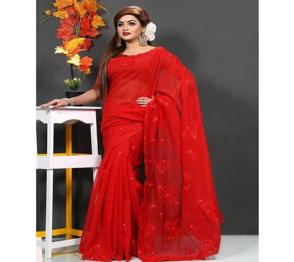 Red Maroon with Red Flower Design and White Stone Silk Sharee  103