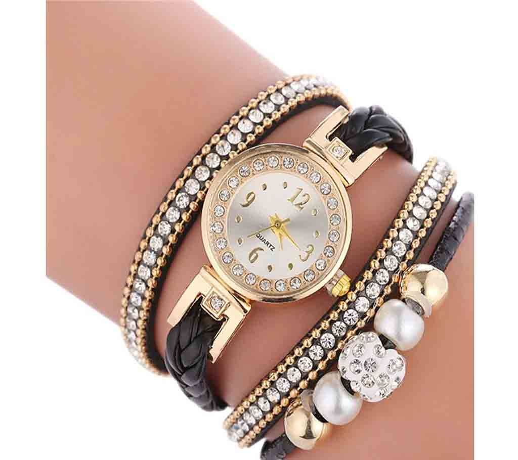 Ladies Bracelet Watch Stone Work-Black