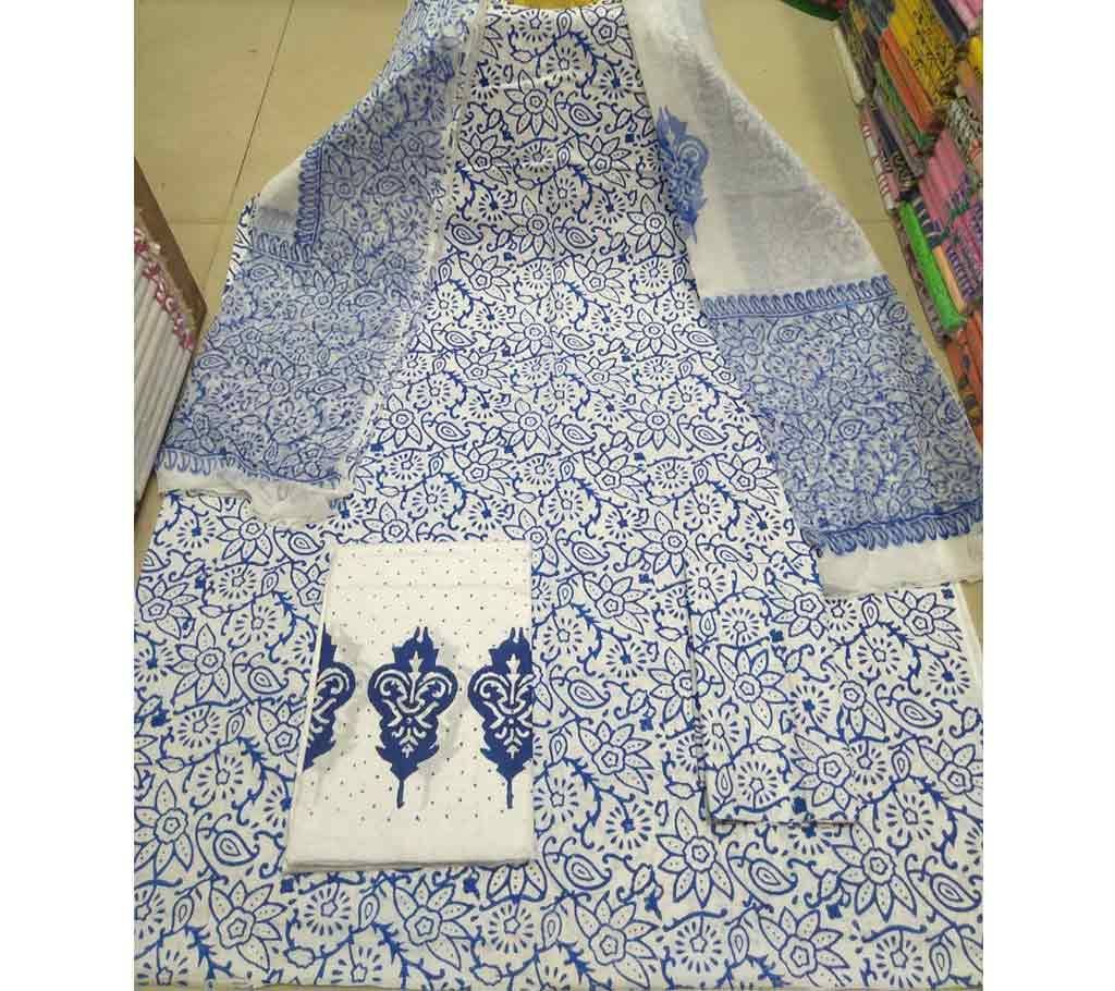 Block Printed Unstitched Cotton Three Piece - Blue White 