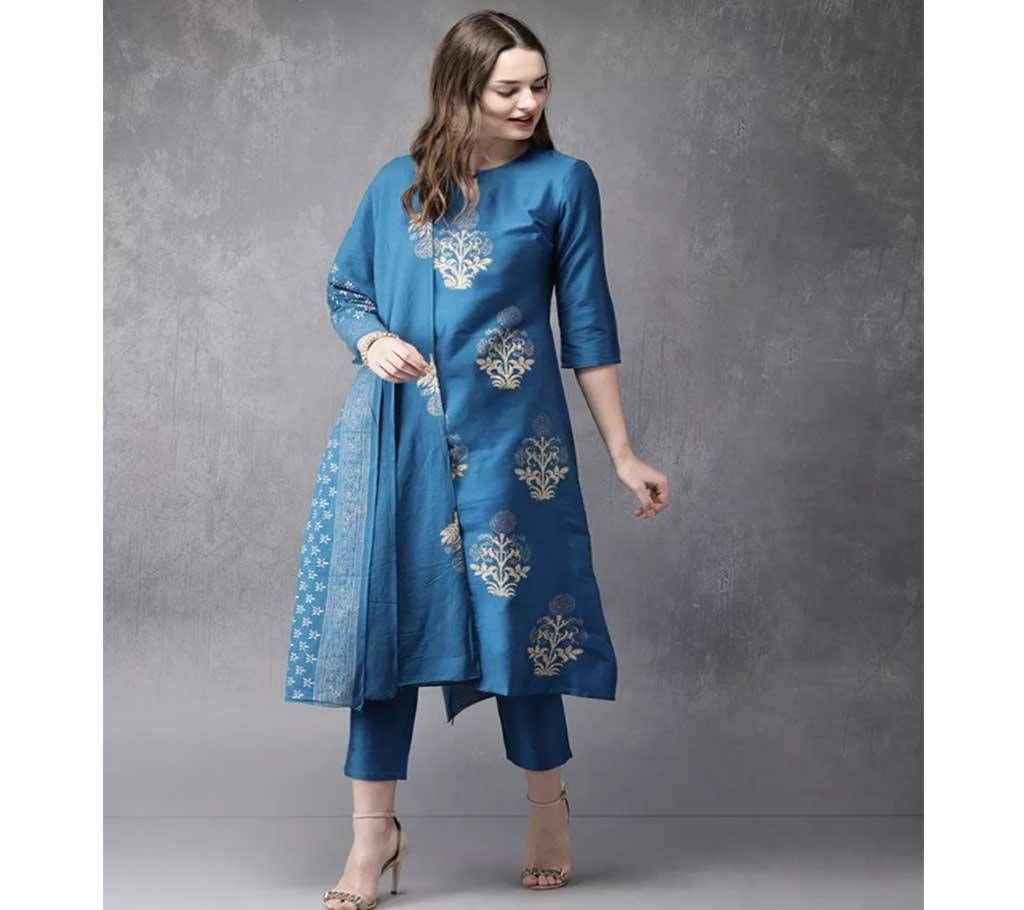 Cotton Un-Stitched Salwar Kameez for Women - Blue 