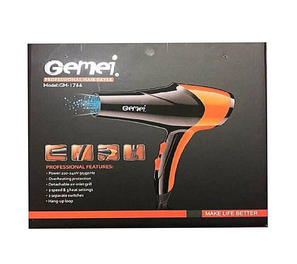 Gemei GM-1766 Professional Hair Dryer - Black and Orrange