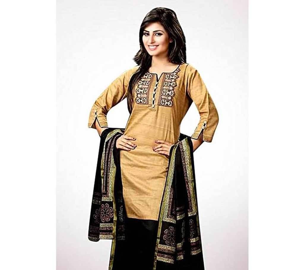 Unstitched Golden and Black Cotton Block Printed Shalwar Kameez For Women