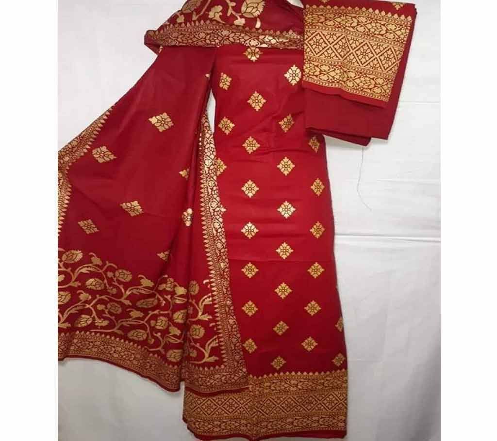 Unstitched Cotton Katan Screen Print Three Piece
