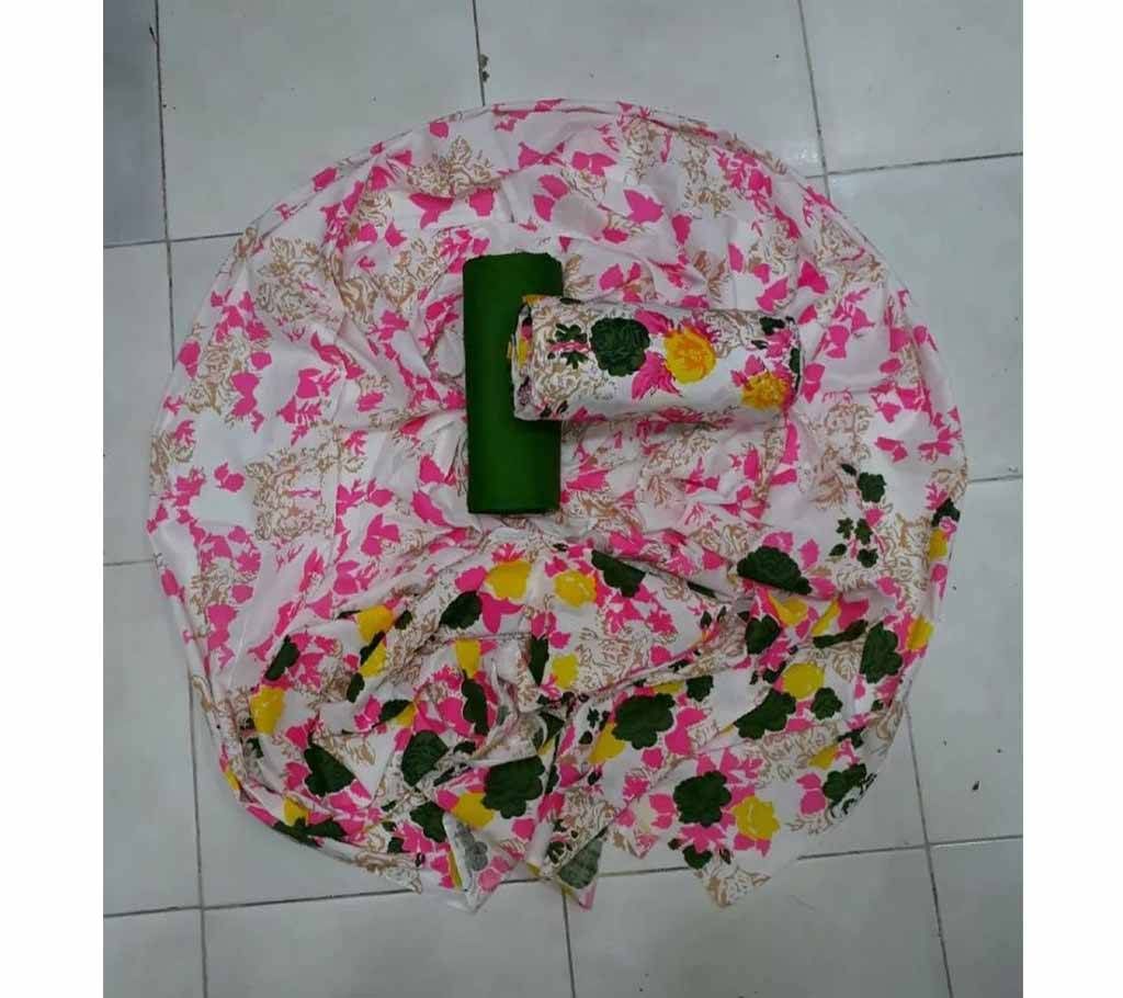 Joypuri Cotton Screen Print - White Color With Green And Yellow Color Flower With Leaf Design