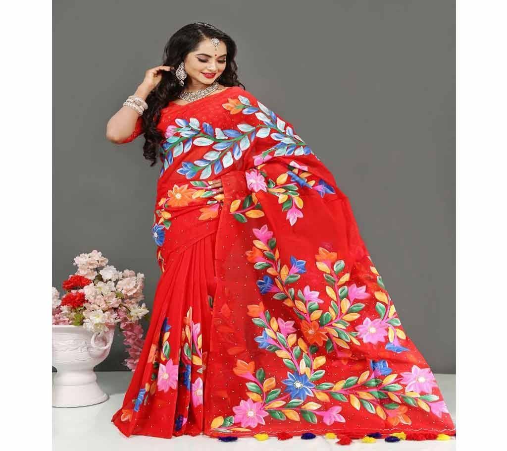 Pure Deshi Beautiful Sharee - 157 - Red Maroon with Colorful Flower Design in Full Body (SU612)