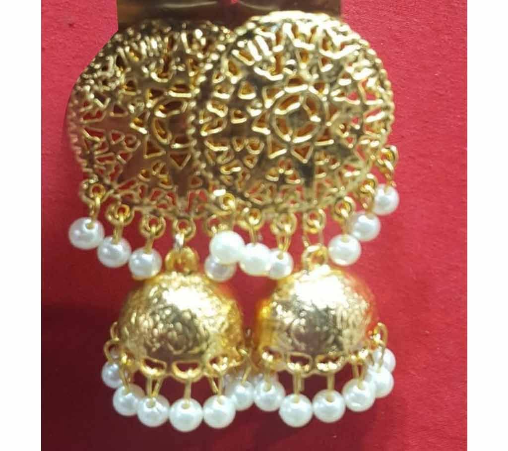 Stylish Golden Design with White Balls Jhumka Earring 1 Pair -110- 2 code(SU670)