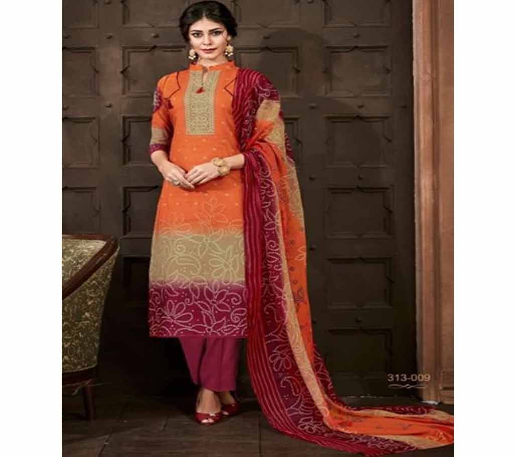 Unstitched Alok Suit Present Rainbow Cambric Cotton - 313009 - Orange - VNK Cotton Three piece