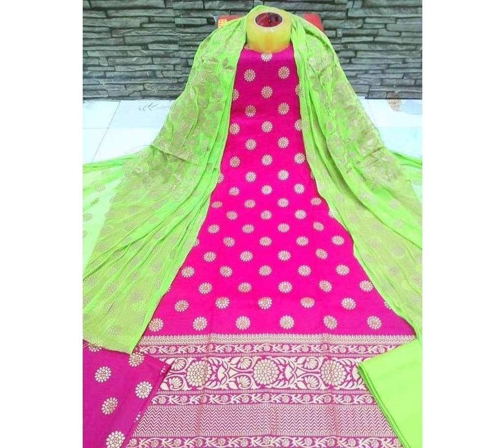 Unstitched Pink and Olive Cotton Salwar Kameez for Women