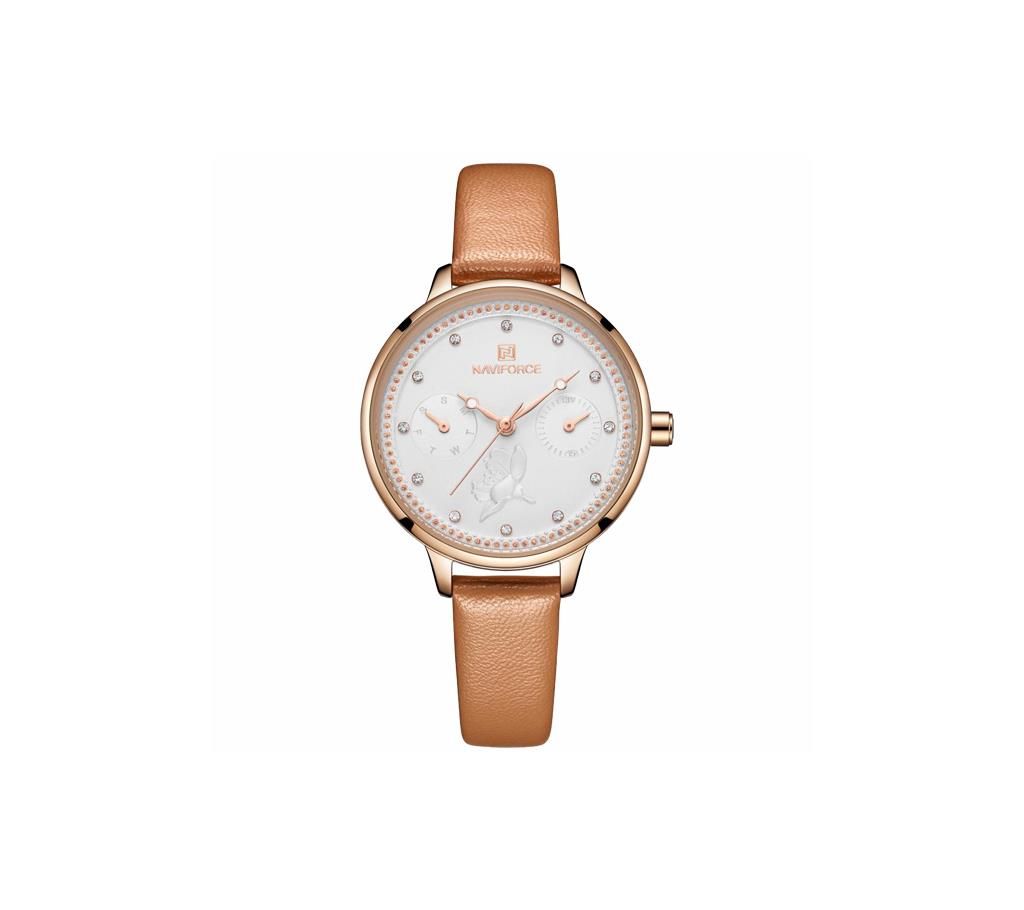 NAVIFORCE NF5003 Brown PU Leather Sub-Dials Chronograph Watch For Women - Brown & RoseGold