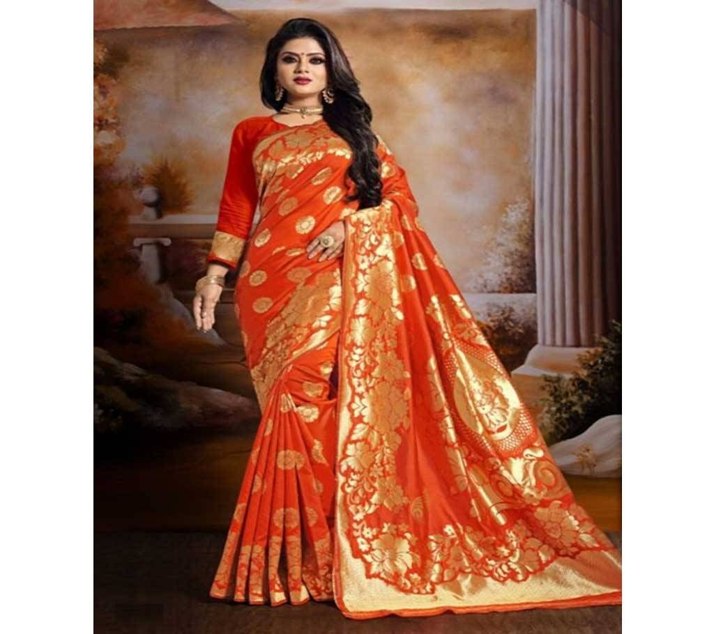 Orange and Golden Embroidery Work Katan Saree For Women