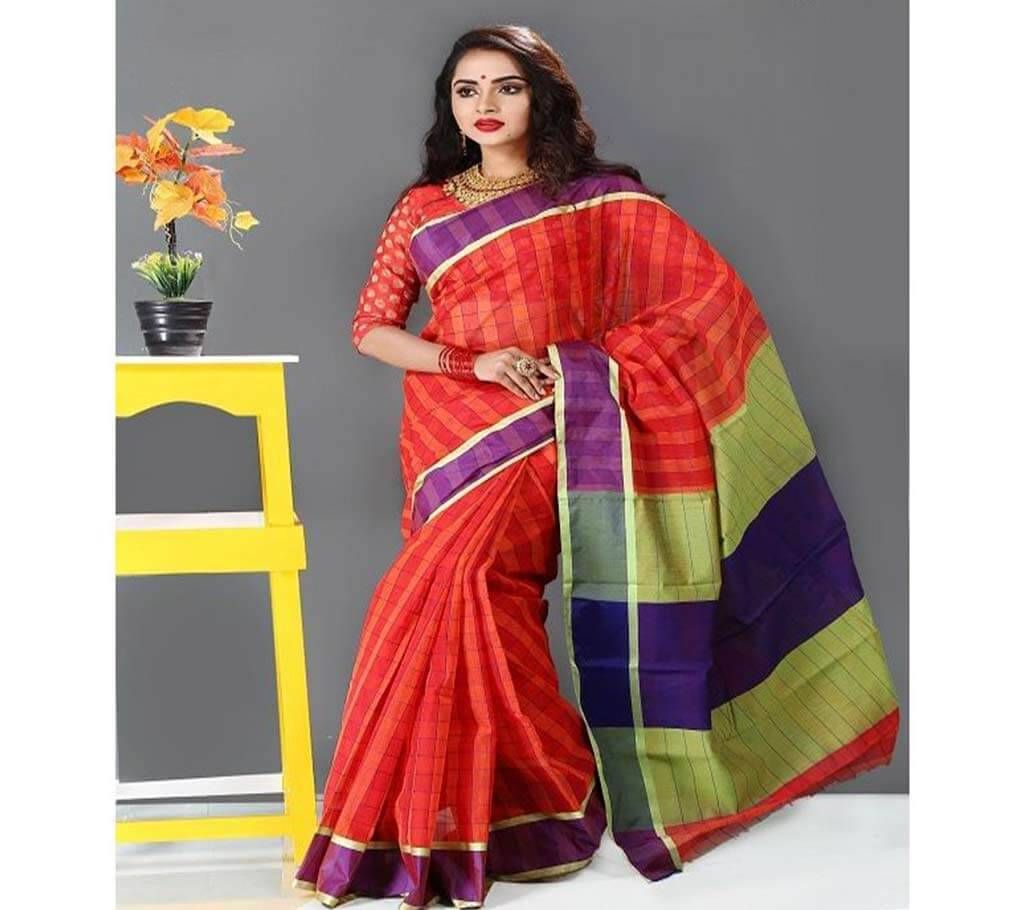 Red Orange Stripe Design with Purple and Gold Paar Silk Sharee