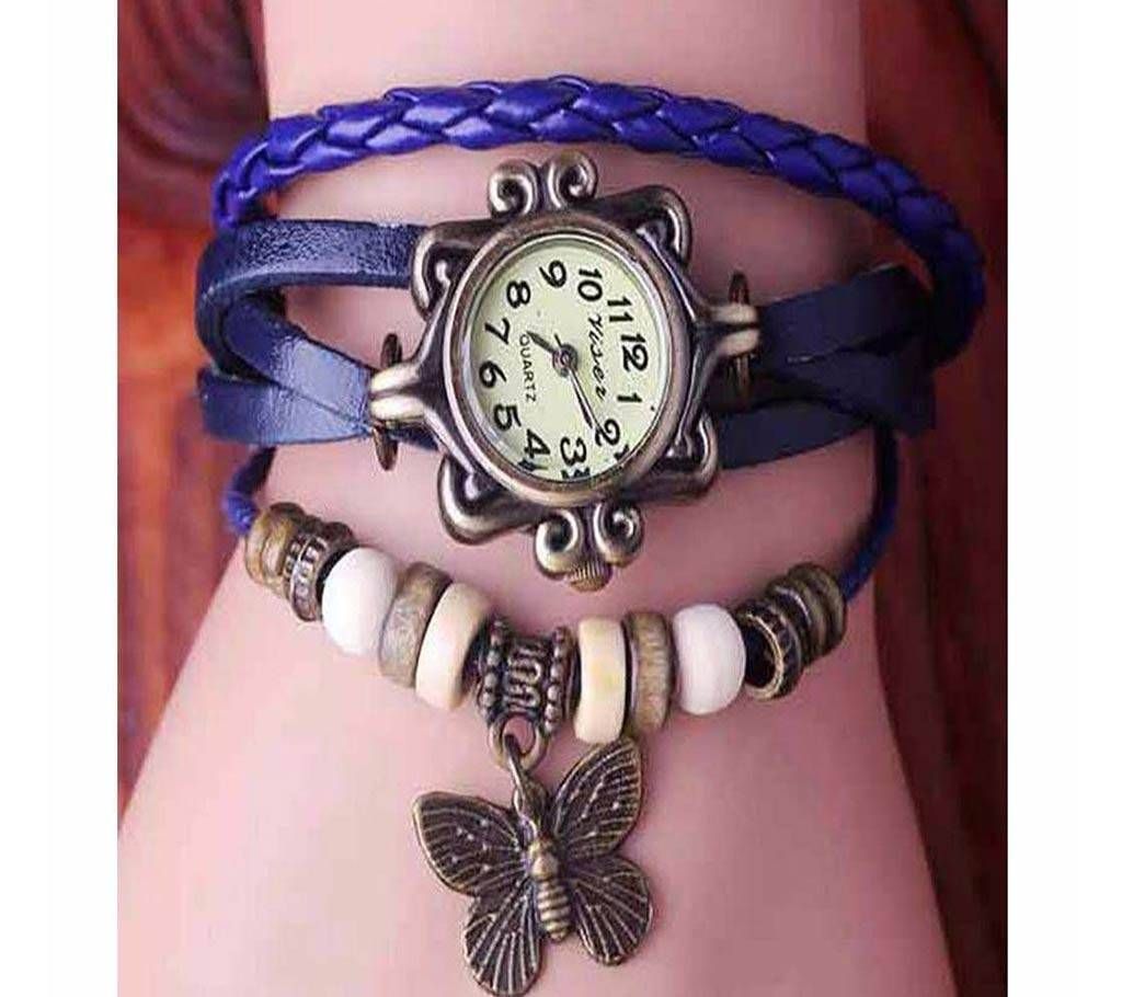 Blue Ladies Bracelet Type Wrist Watch leather with beads 