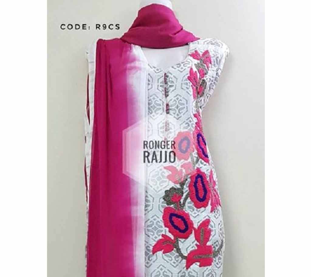 Unstitched Cotton Three Piece- Purple White 